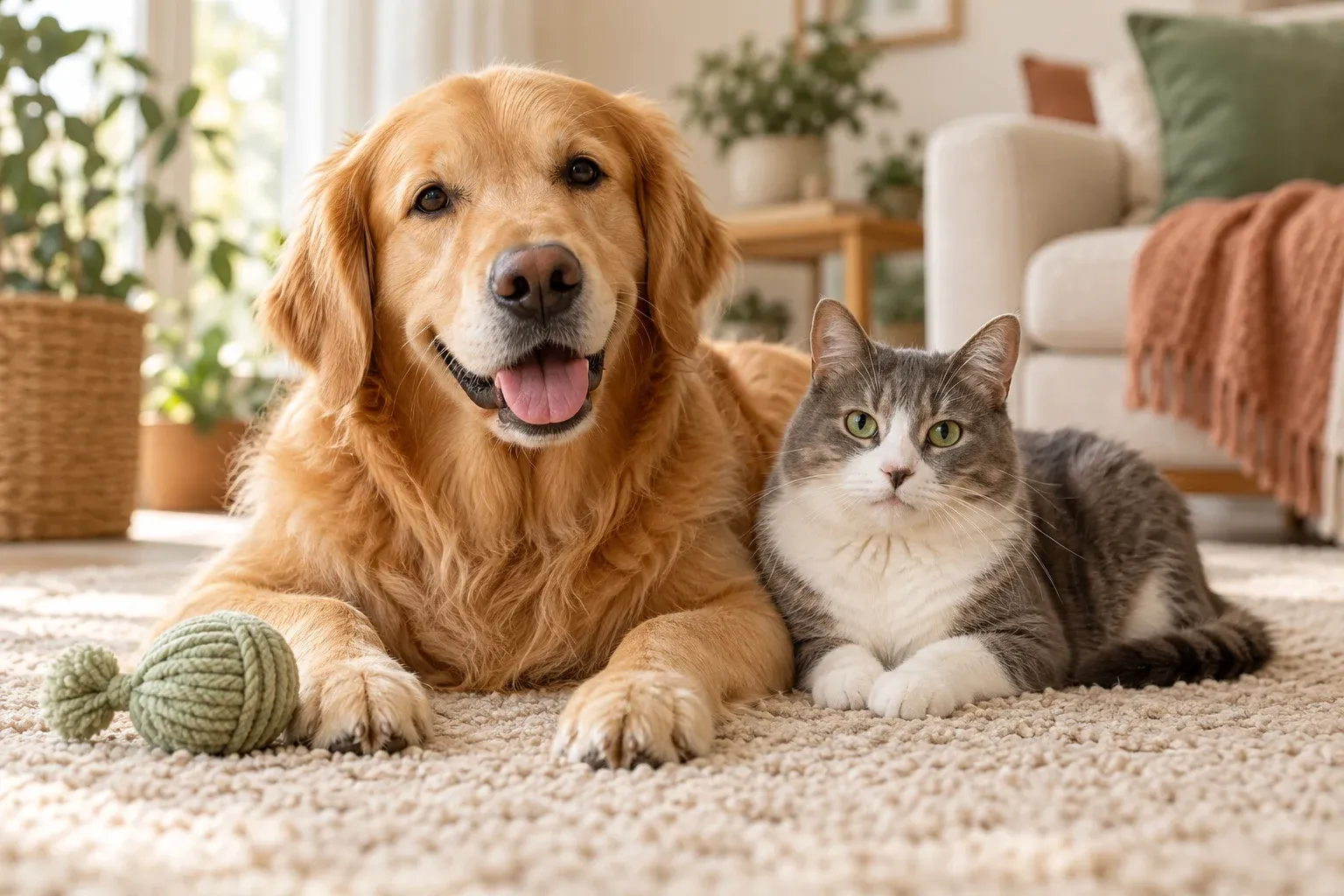 A relaxed golden retriever and grey-and-white cat together in a sunlit home